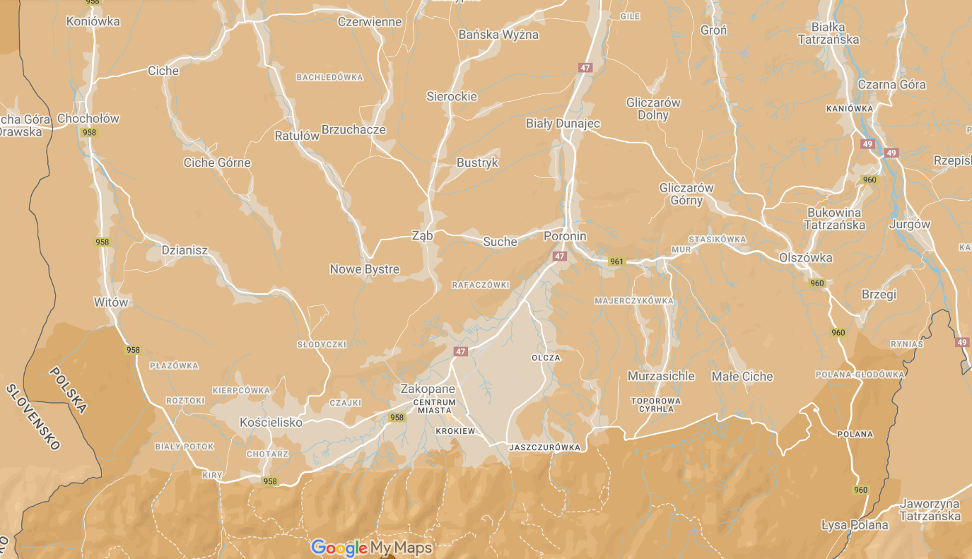 Planowanie podróży - mapa Zakopane dzień drugi
