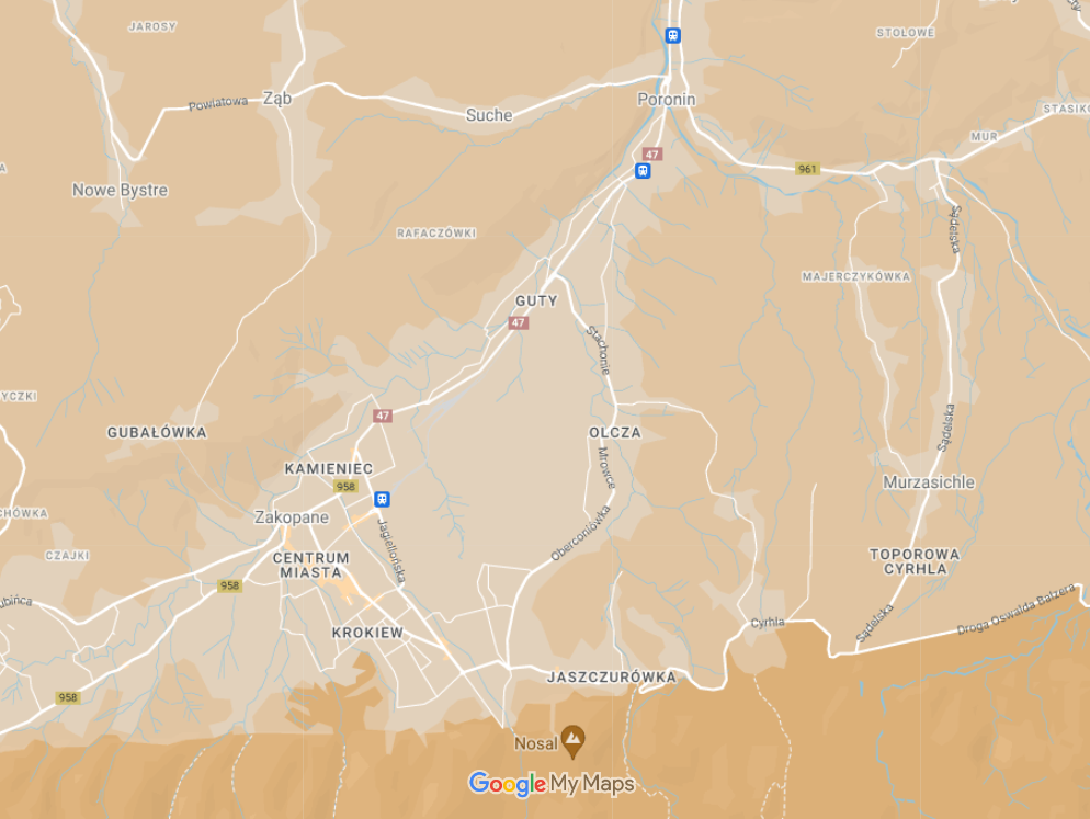 Planowanie podróży - mapa Zakopane dzień pierwszy