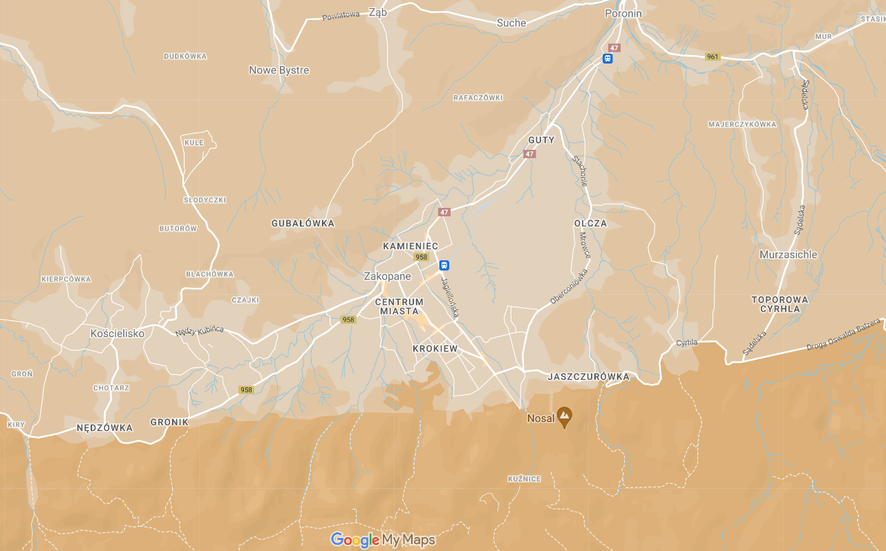 Planowanie podróży - mapa Zakopane dzień trzeci
